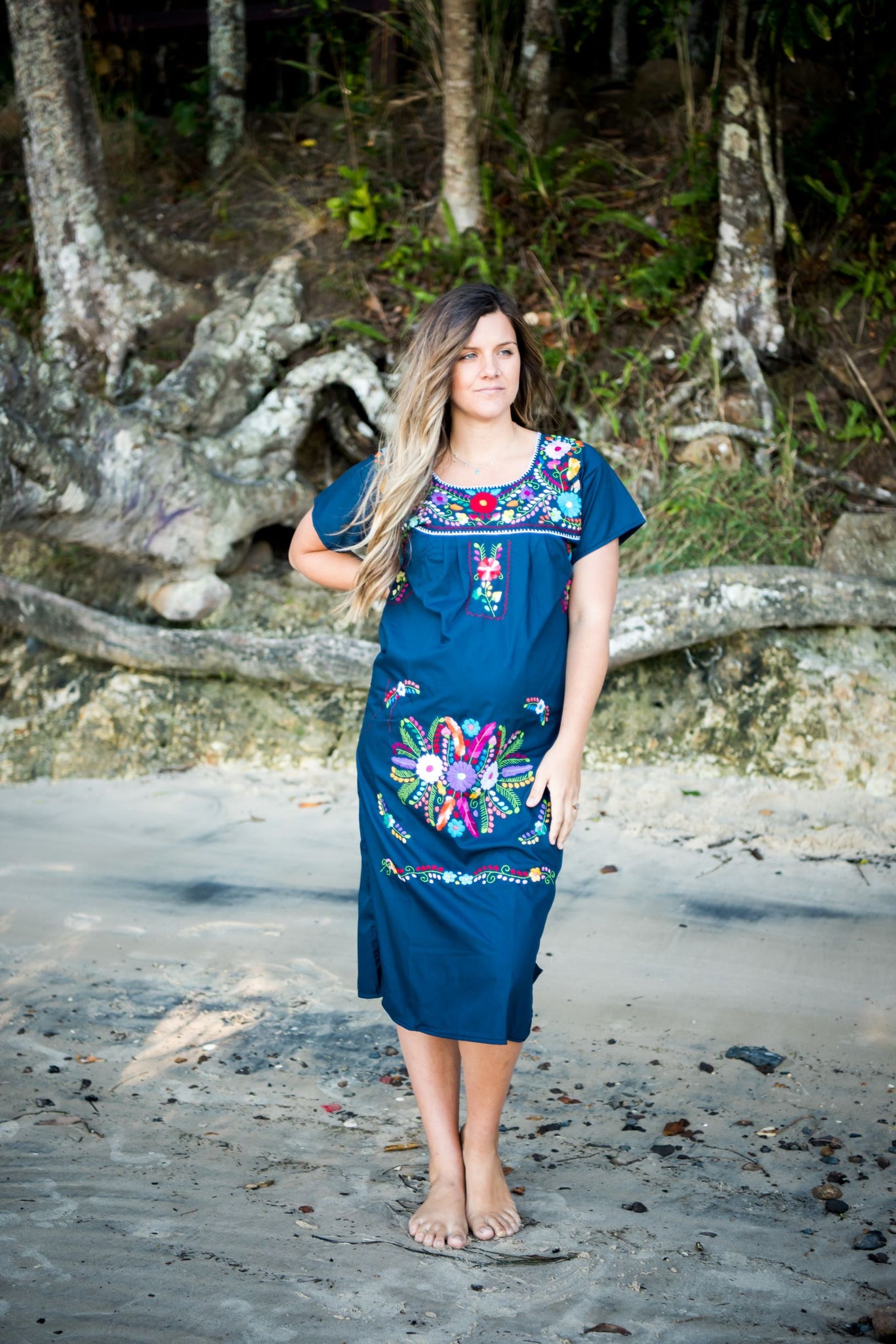 navy blue mexican dress Knee Length Mexican Embroidered Pueblo Dress